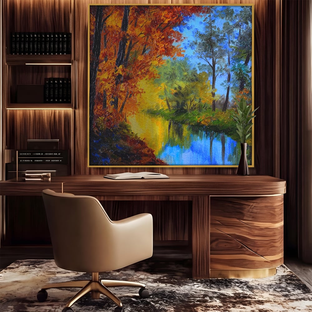 Tablou canvas cu pictura in ulei cu padure toamna si lac, in rama de aluminiu auriu, pe perete intr-un birou